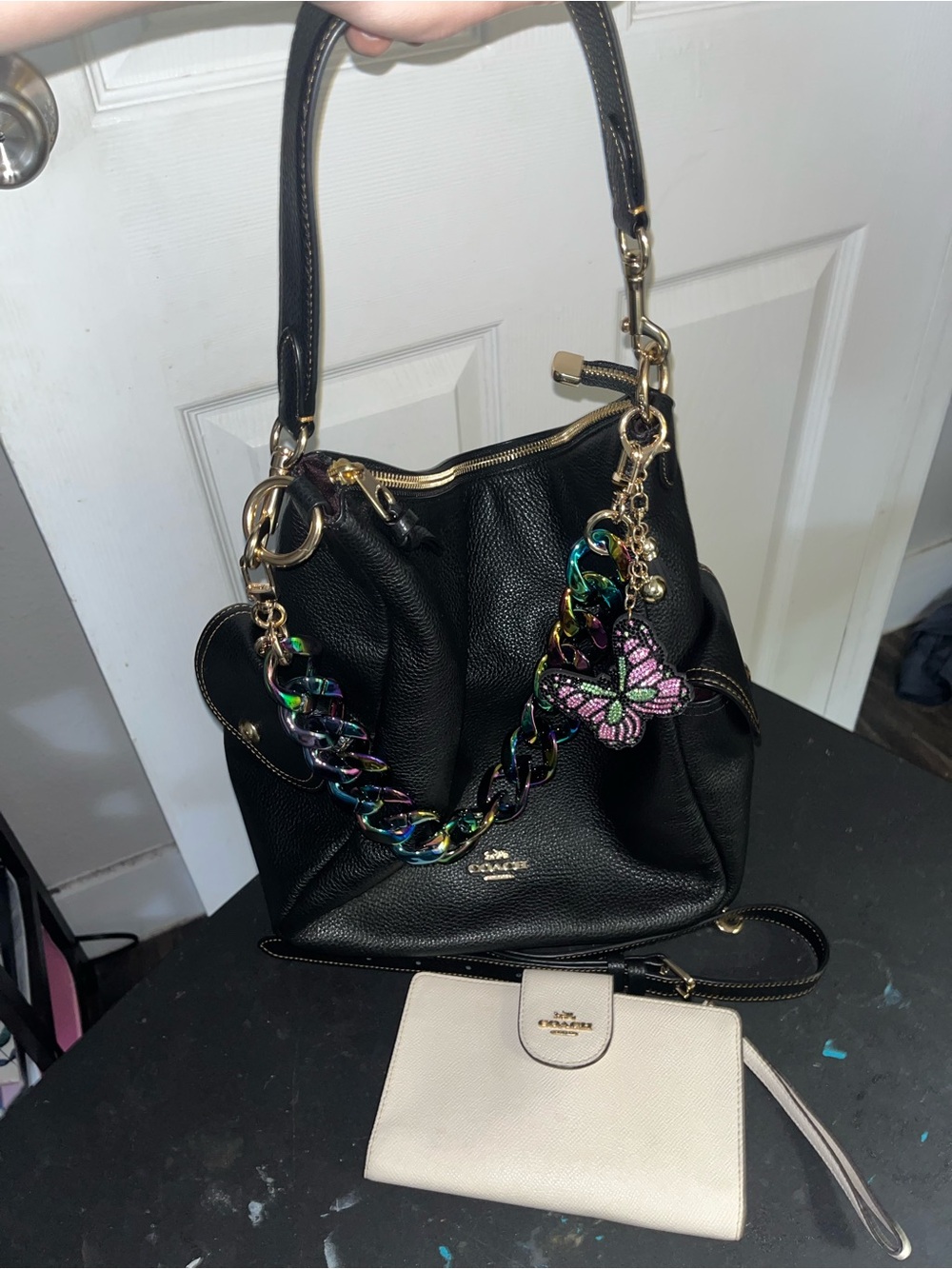 Coach Black Leather Shoulder Bag with Multicolor Chain and Butterfly Charm